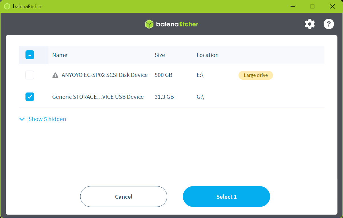balenaEtcher — pick the correct drive