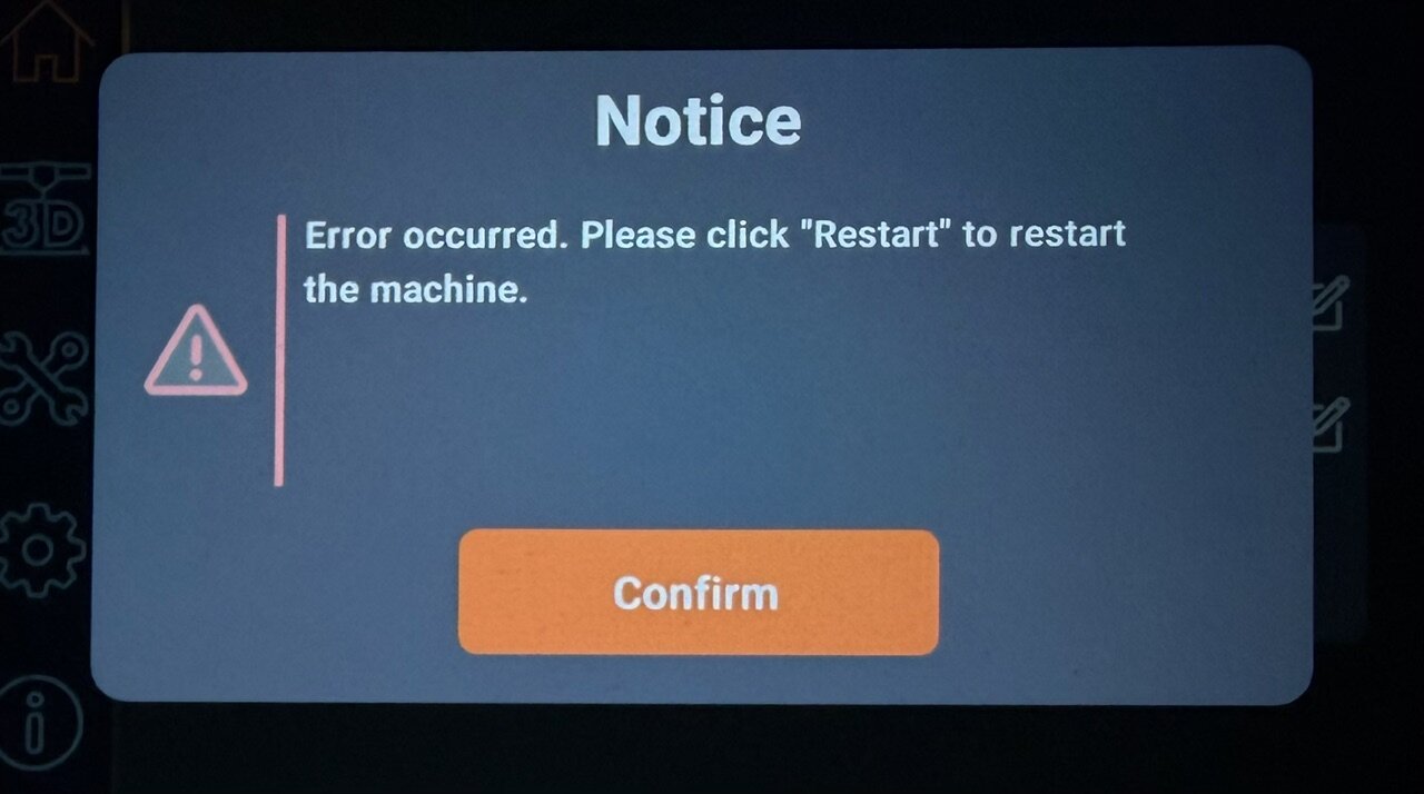Display: Notice — Error occurred. Please click Restart to restart the machine