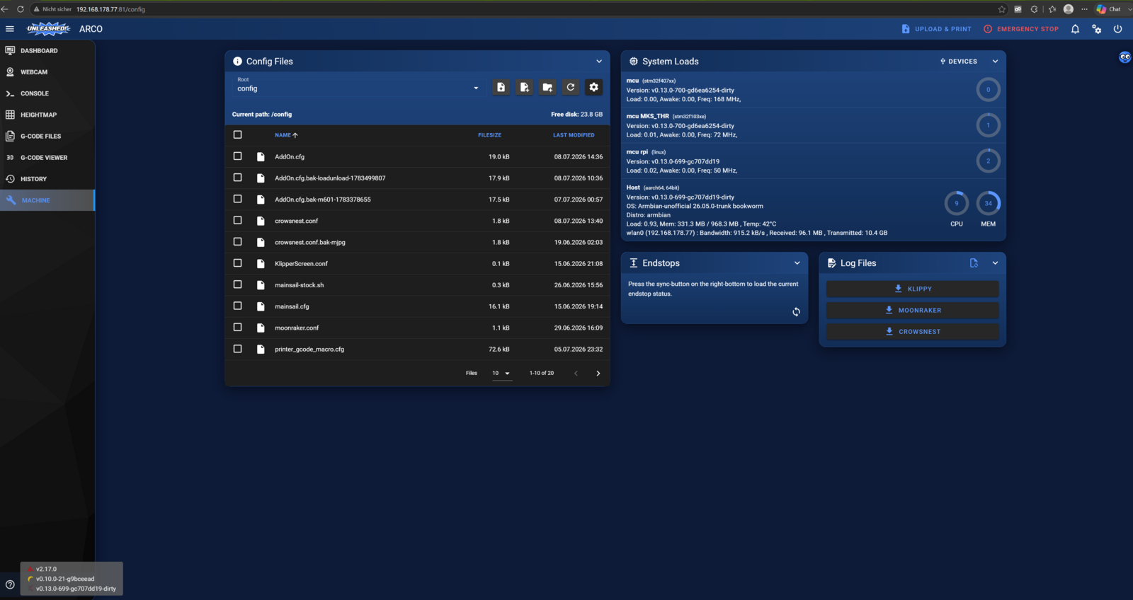 Mainsail machine page — v0.13 versions