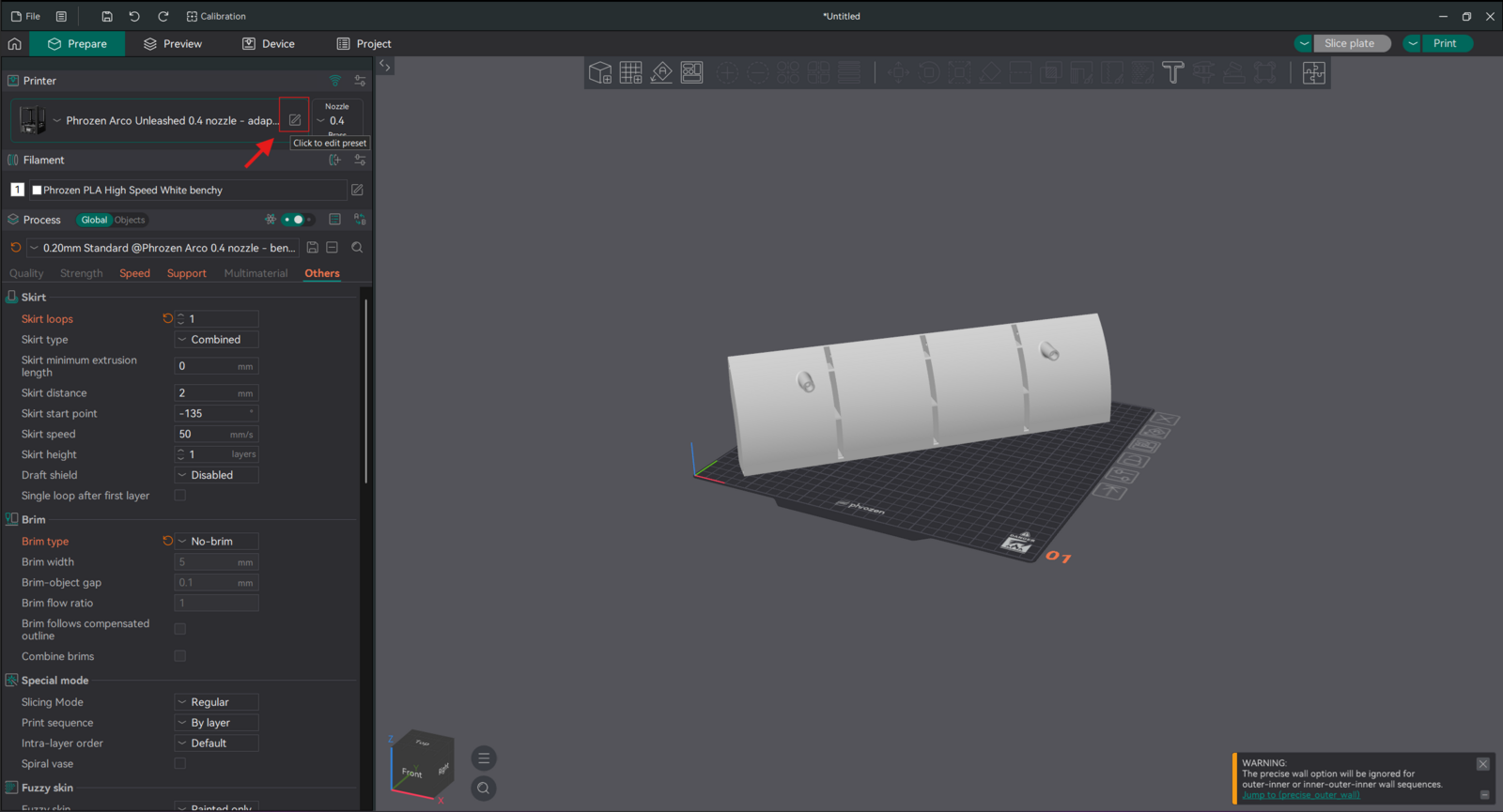 OrcaSlicer — click the pencil to edit the printer preset