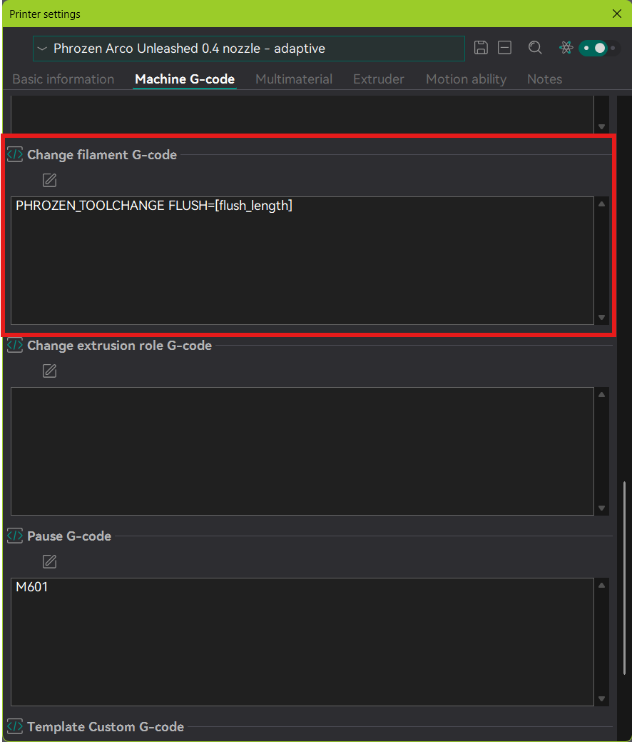Change filament G-code = PHROZEN_TOOLCHANGE FLUSH=[flush_length]