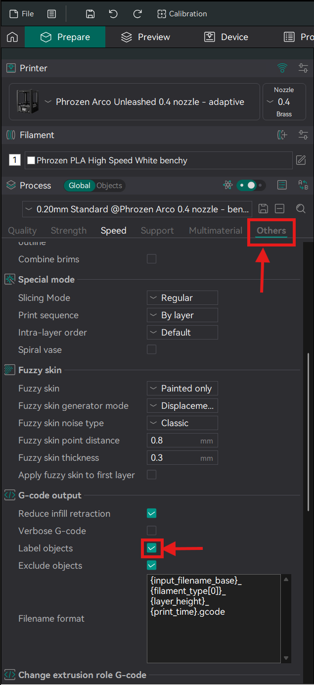 OrcaSlicer Others tab — tick Label objects