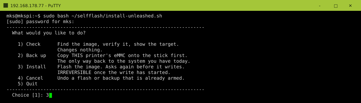 The install menu: 1 Check, 2 Back up, 3 Install, 4 Cancel, 5 Quit, with the prompt Choice [1] at the bottom