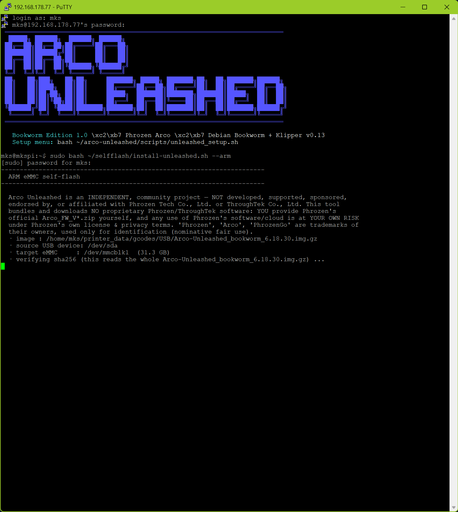 install-unleashed.sh --arm: disclaimer, image, target eMMC, checksum verify