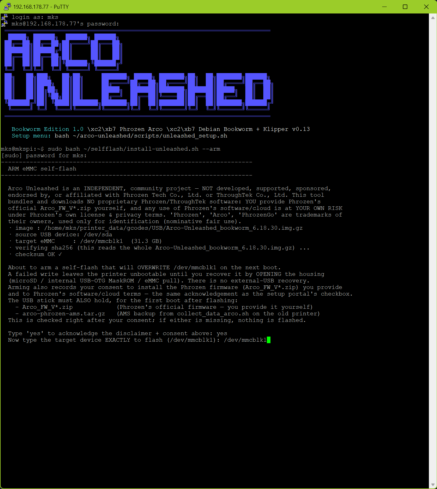 Typing yes and the exact target device /dev/mmcblk1