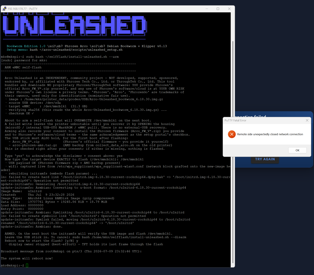 Reboot now? y — PuTTY reports the connection closed, which is expected
