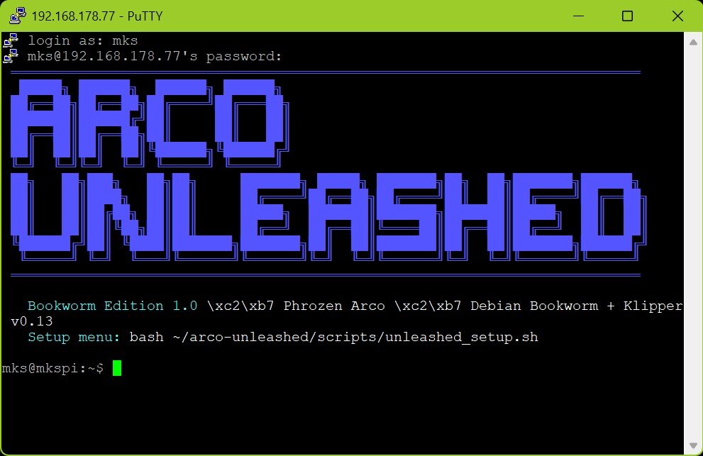 PuTTY SSH login — Arco Unleashed banner