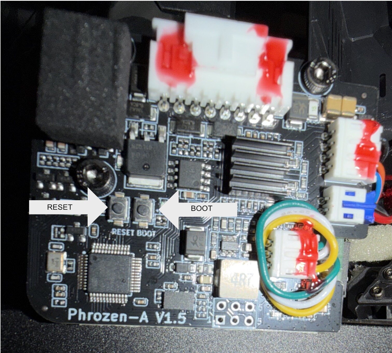 Phrozen-A V1.5 toolhead board: RESET on the left, BOOT on the right
