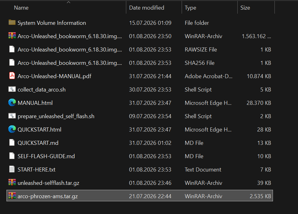 USB stick after the rescue in A0, with arco-phrozen-ams.tar.gz highlighted