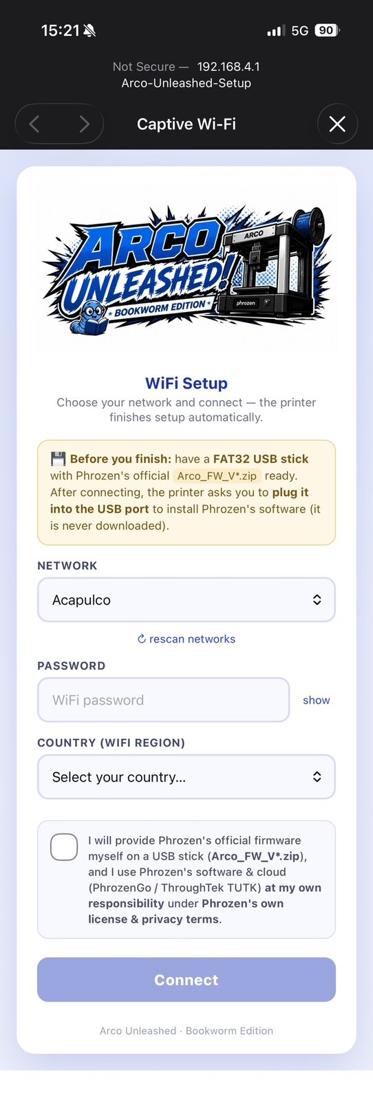 WiFi setup portal on phone